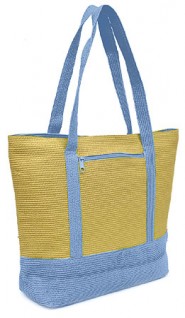 Straw Shopping Tote Bags - Paper Straw w/ Color Band Trim - Blue - BG-ST400BL
